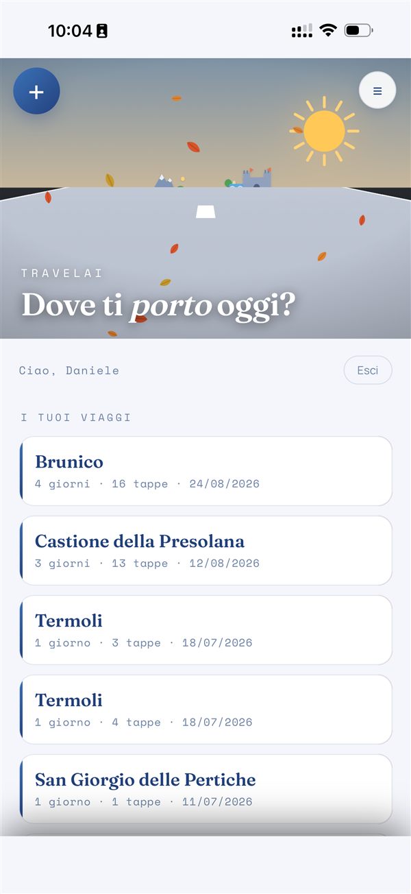 Travel AI — home con i viaggi salvati